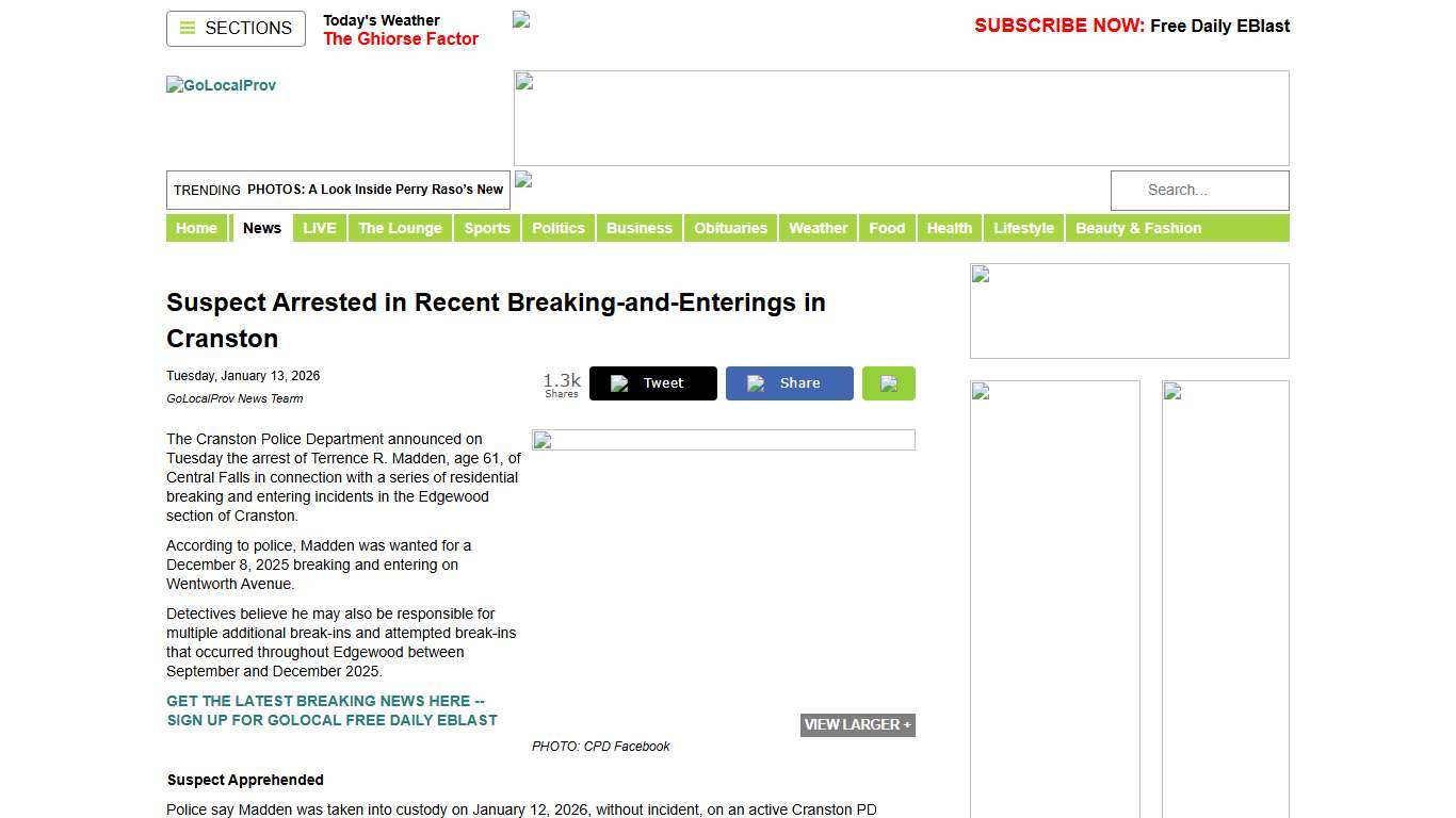 GoLocalProv Suspect Arrested in Recent Breaking-and-Enterings in Cranston