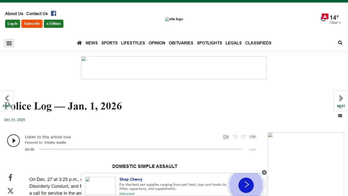 Police Log –– Jan. 1, 2026 Police Log cranstononline.com